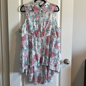 Torrid Floral White Babydoll Poplin Button Front Hi-low Sleeveless Top, 2X NWT